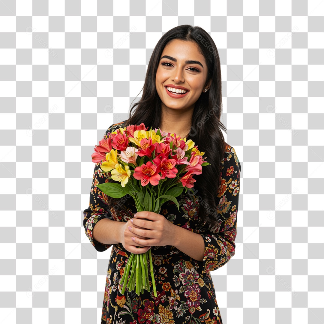 Mulher Segurando um Buquê de Flores PNG Transparente