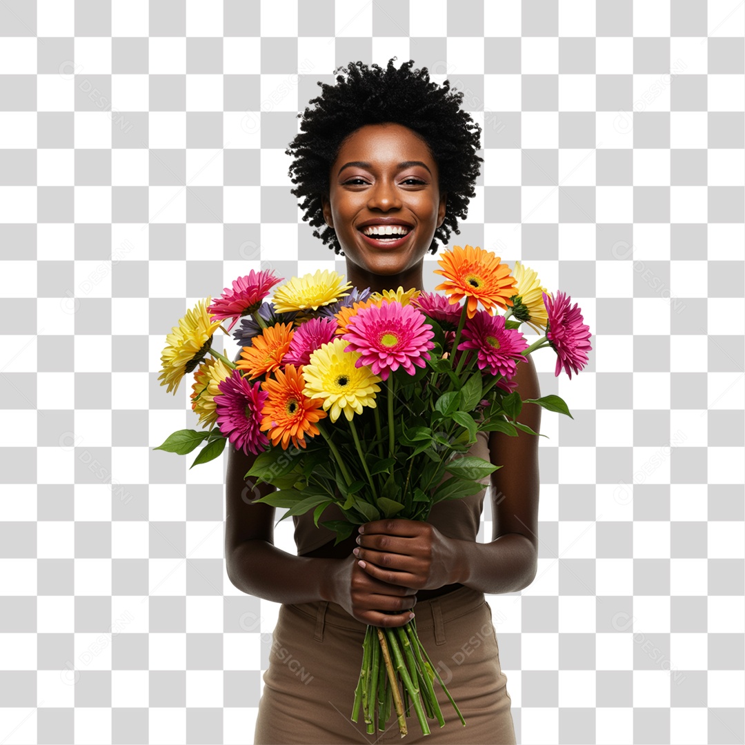 Mulher Segurando um Buquê de Flores PNG Transparente