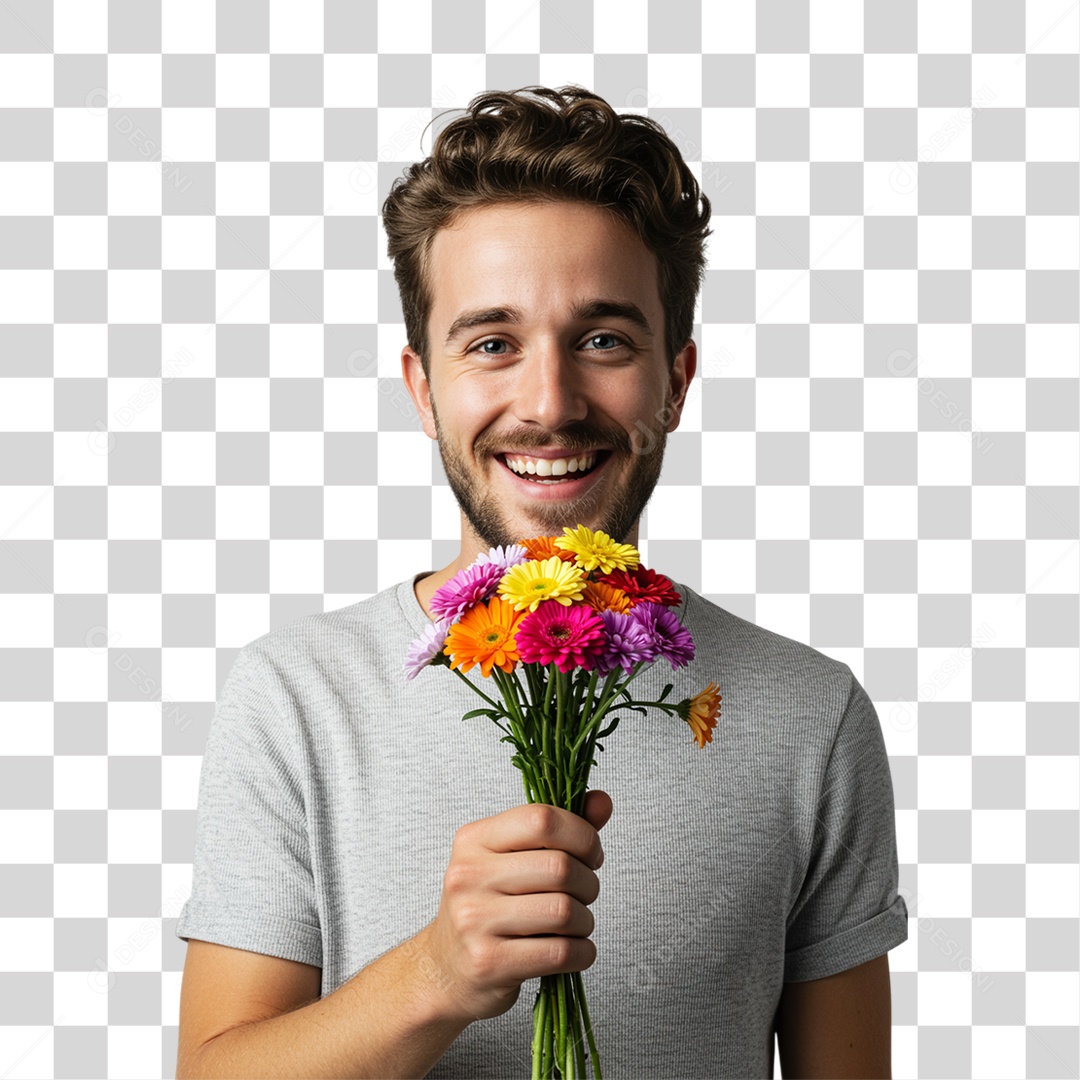 Homem Segurando um Buquê de Flores PNG Transparente
