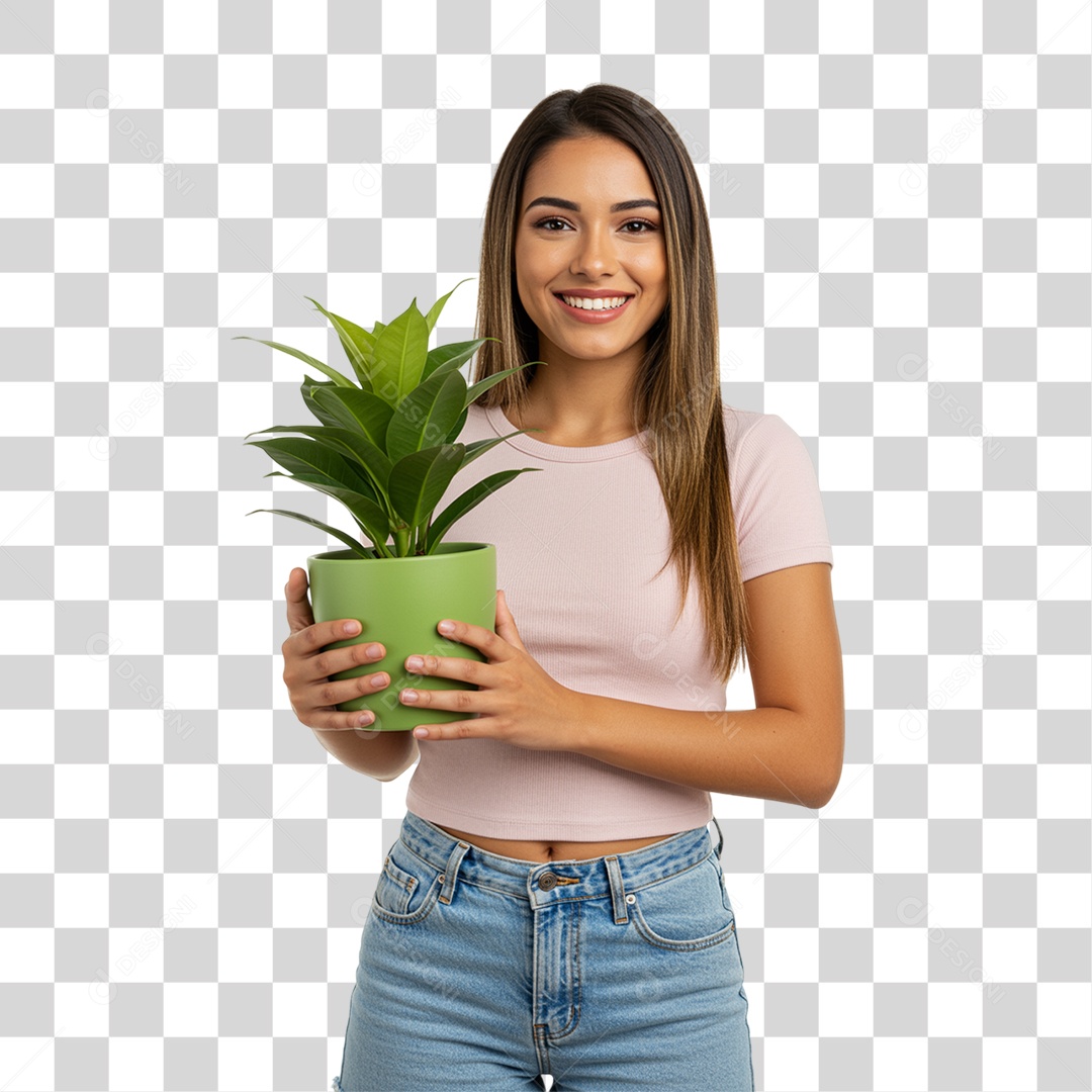 Mulher Segurando um Vaso de Plantas PNG Transparente