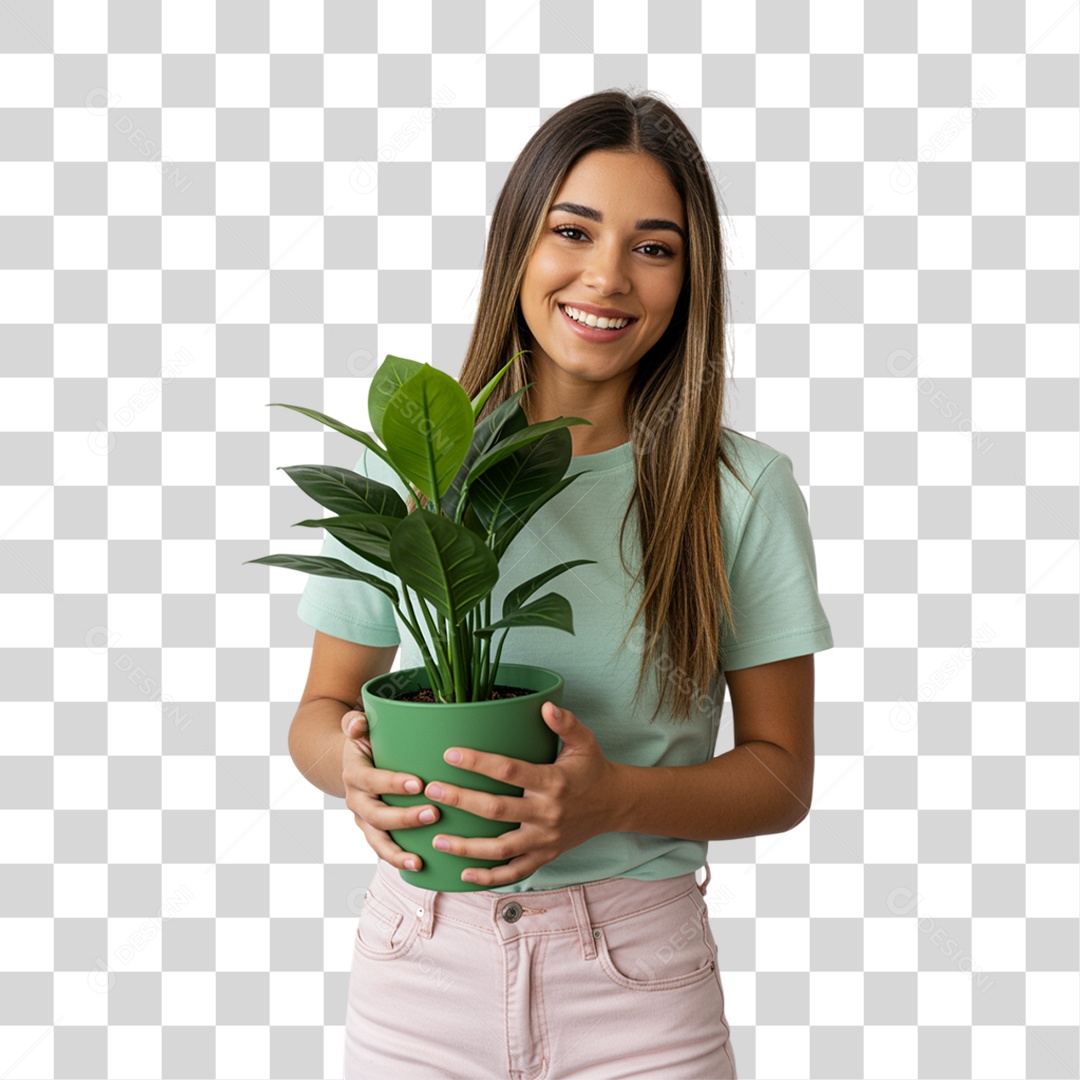 Mulher Segurando um Vaso de Plantas PNG Transparente