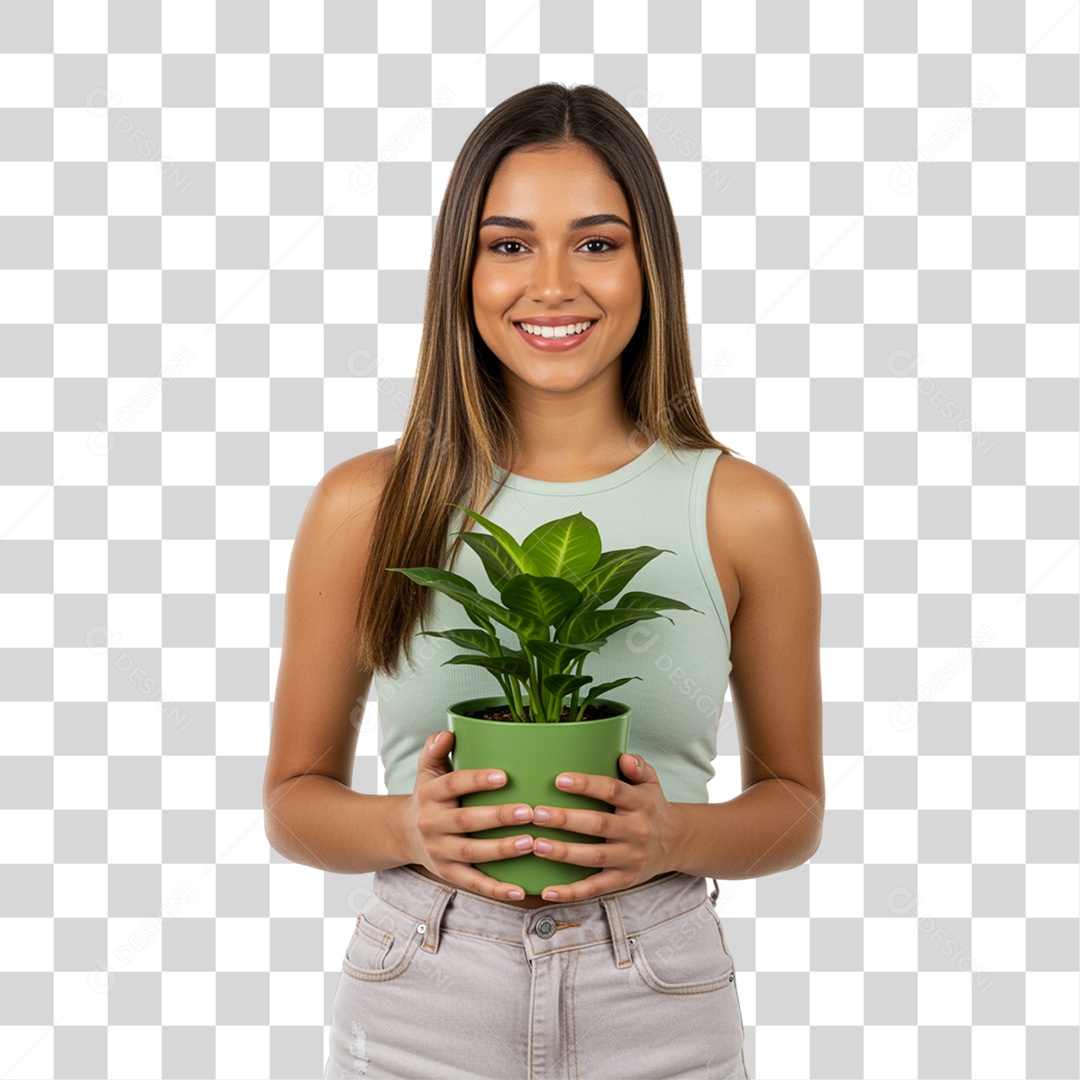 Mulher Segurando um Vaso de Plantas PNG Transparente