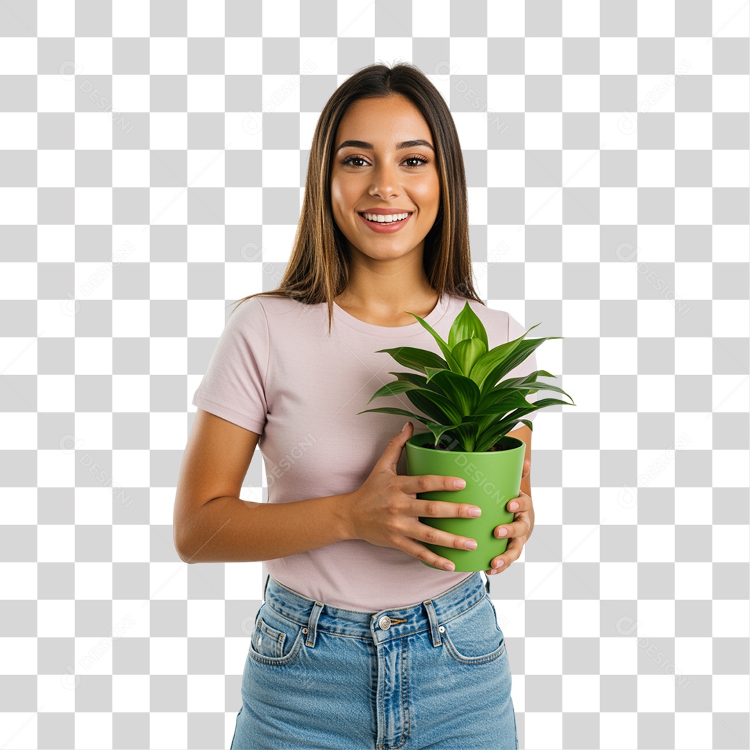 Mulher Segurando um Vaso de Plantas PNG Transparente