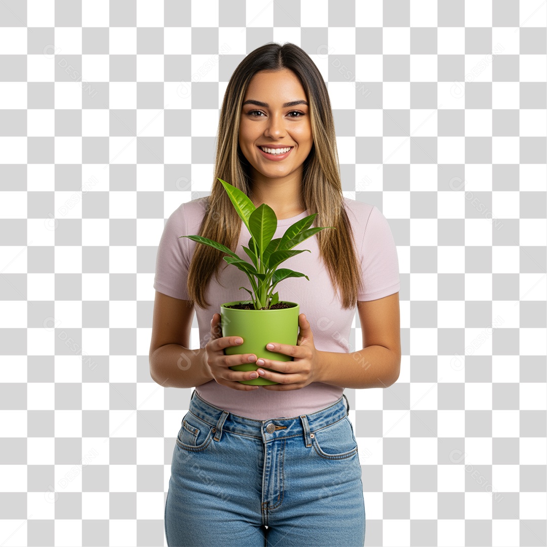 Mulher Segurando um Vaso de Plantas PNG Transparente