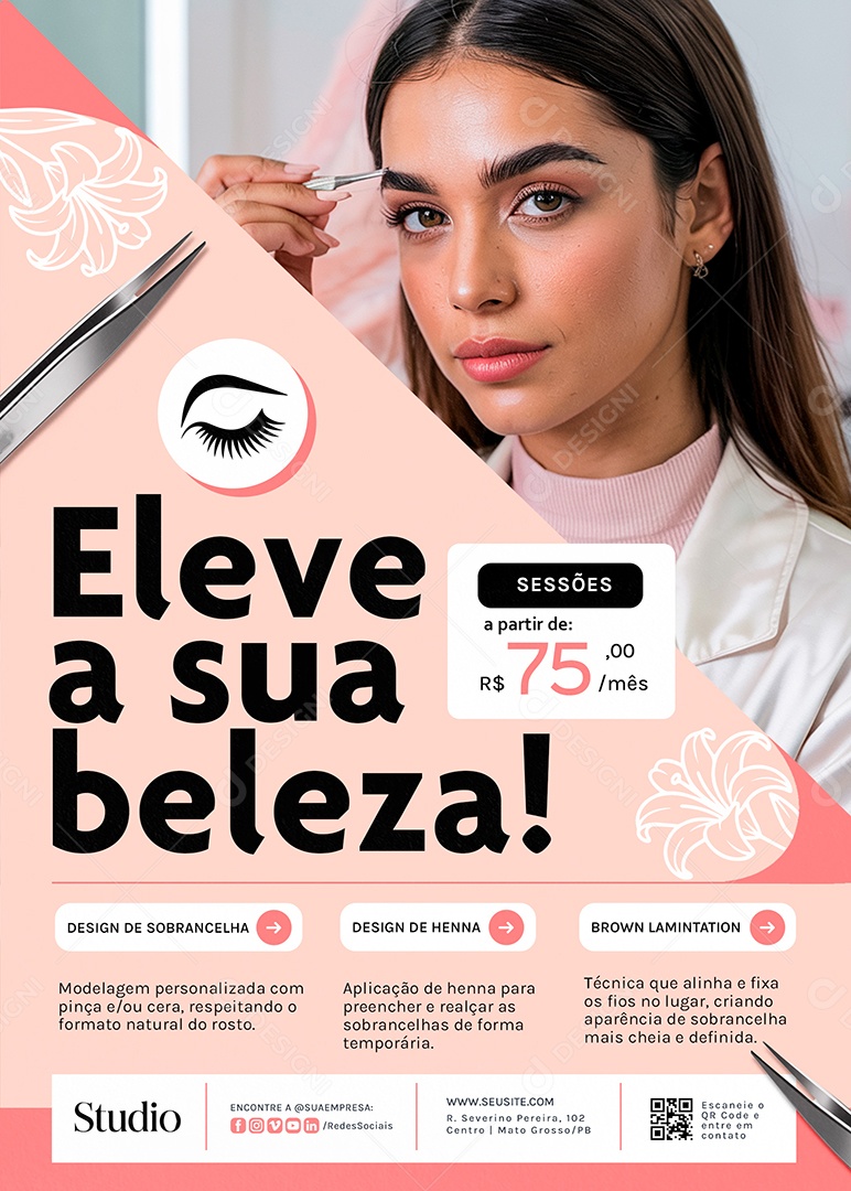 Flyer Design de Sobrancelha Eleve a Sua Beleza Sessões Social Media PSD Editável