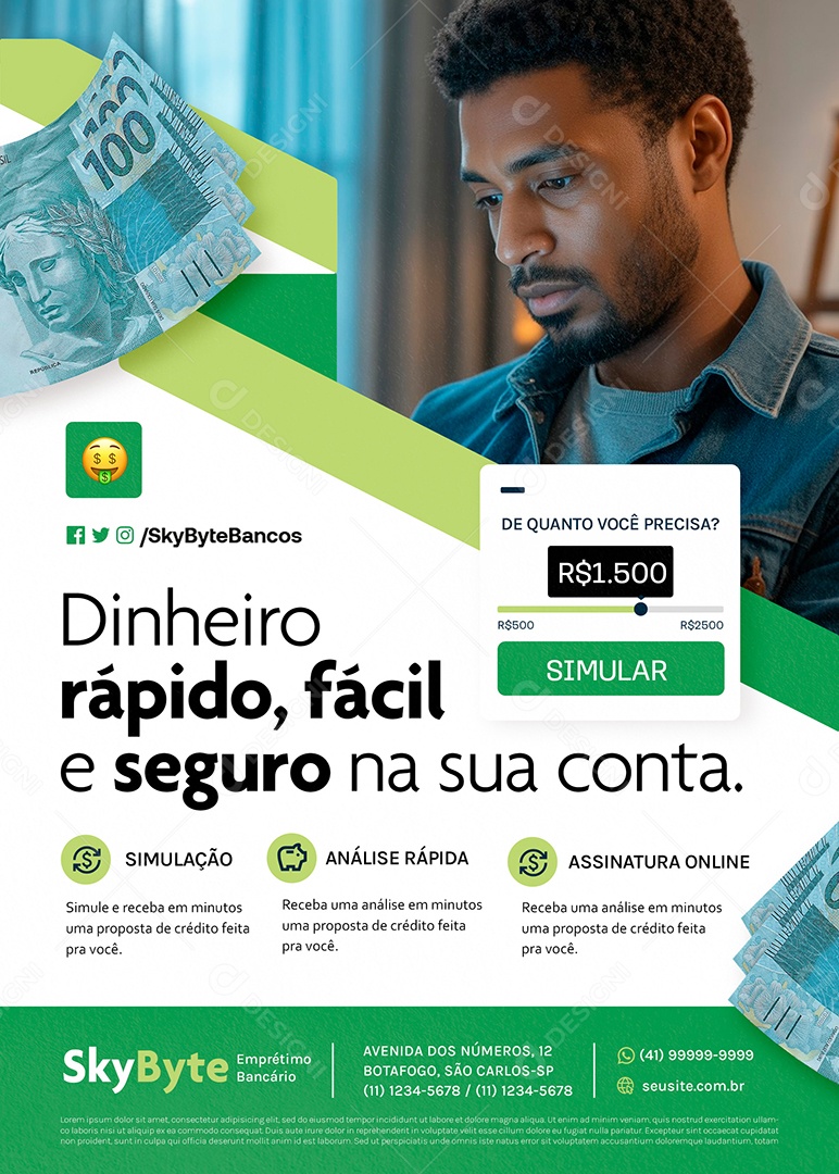 Flyer Empréstimo Dinheiro Rápido Fácil e Seguro Social Media PSD Editável