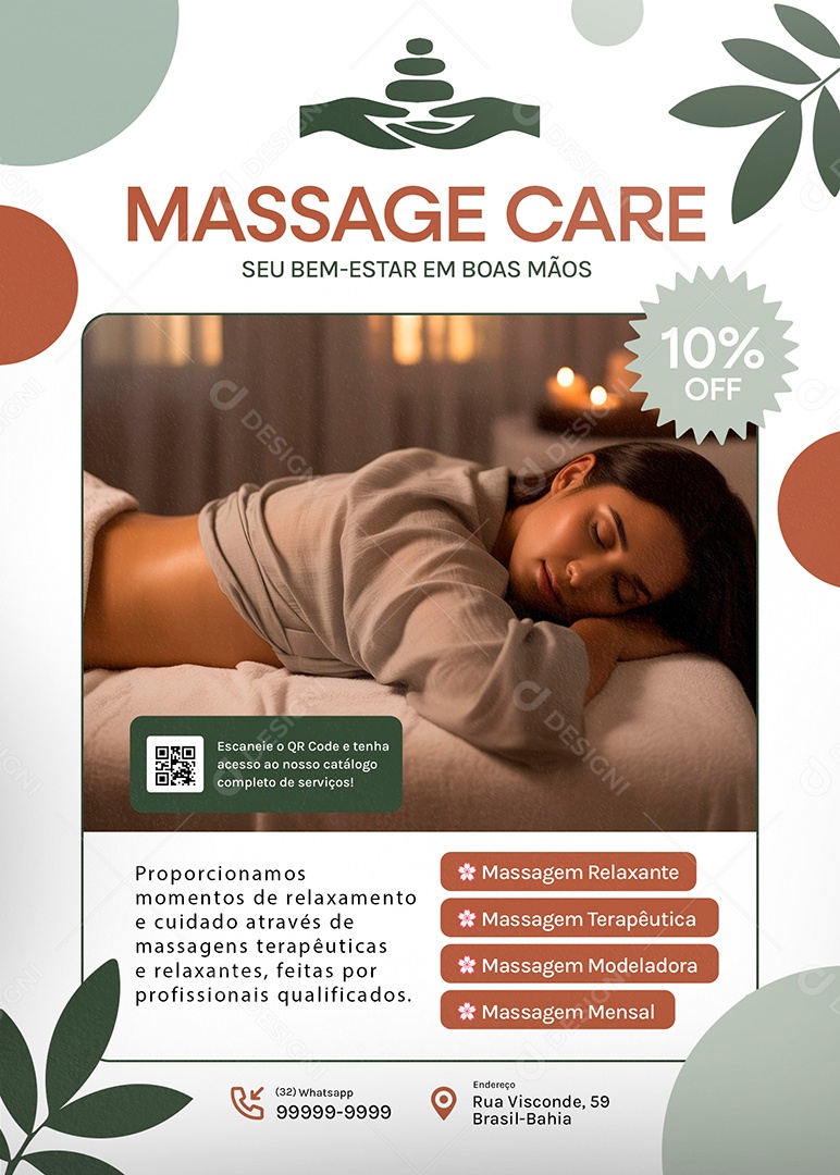 Flyer Massagem Massage Care Seu Bem Estar em Boas Mãos Social Media PSD Editável