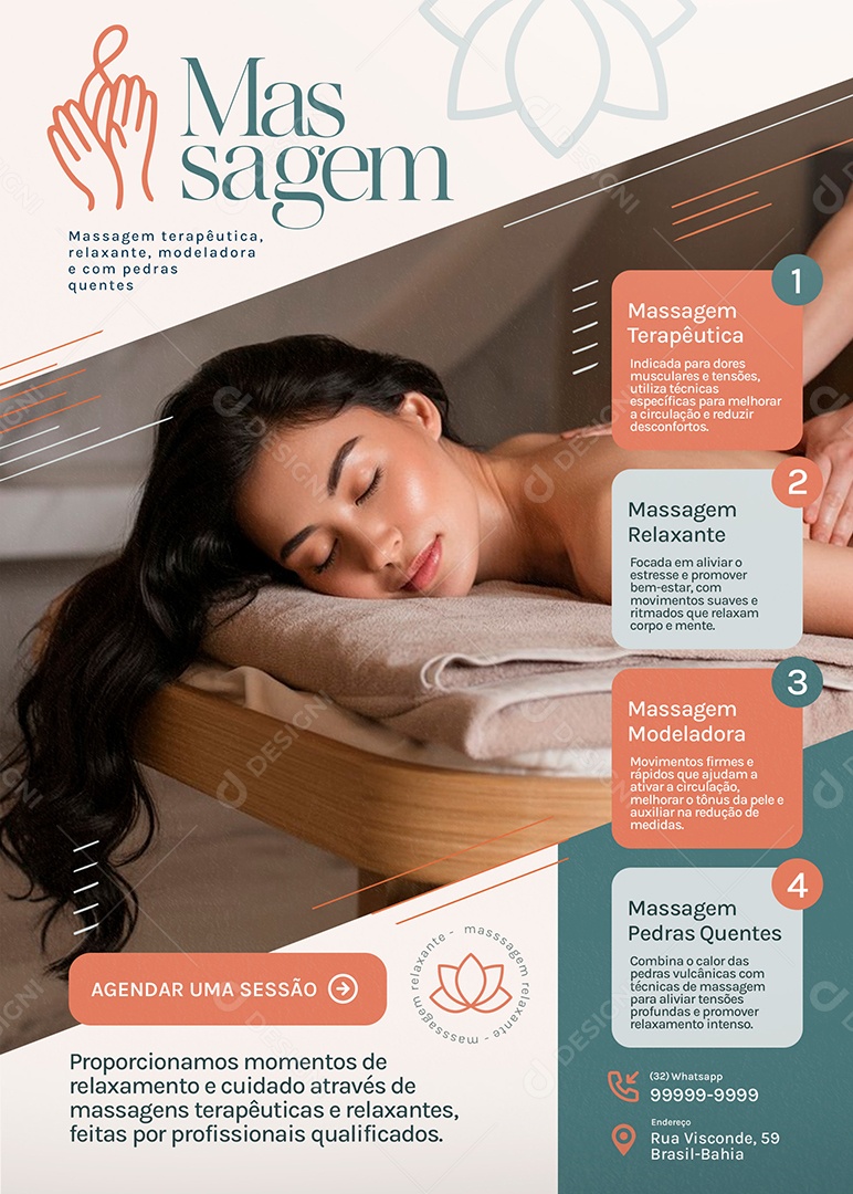 Flyer Massagem Agenda uma Sessão Social Media PSD Editável