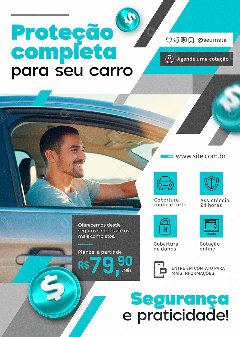 Flyer Seguro Automóvel Proteção Completa Social Media PSD Editável