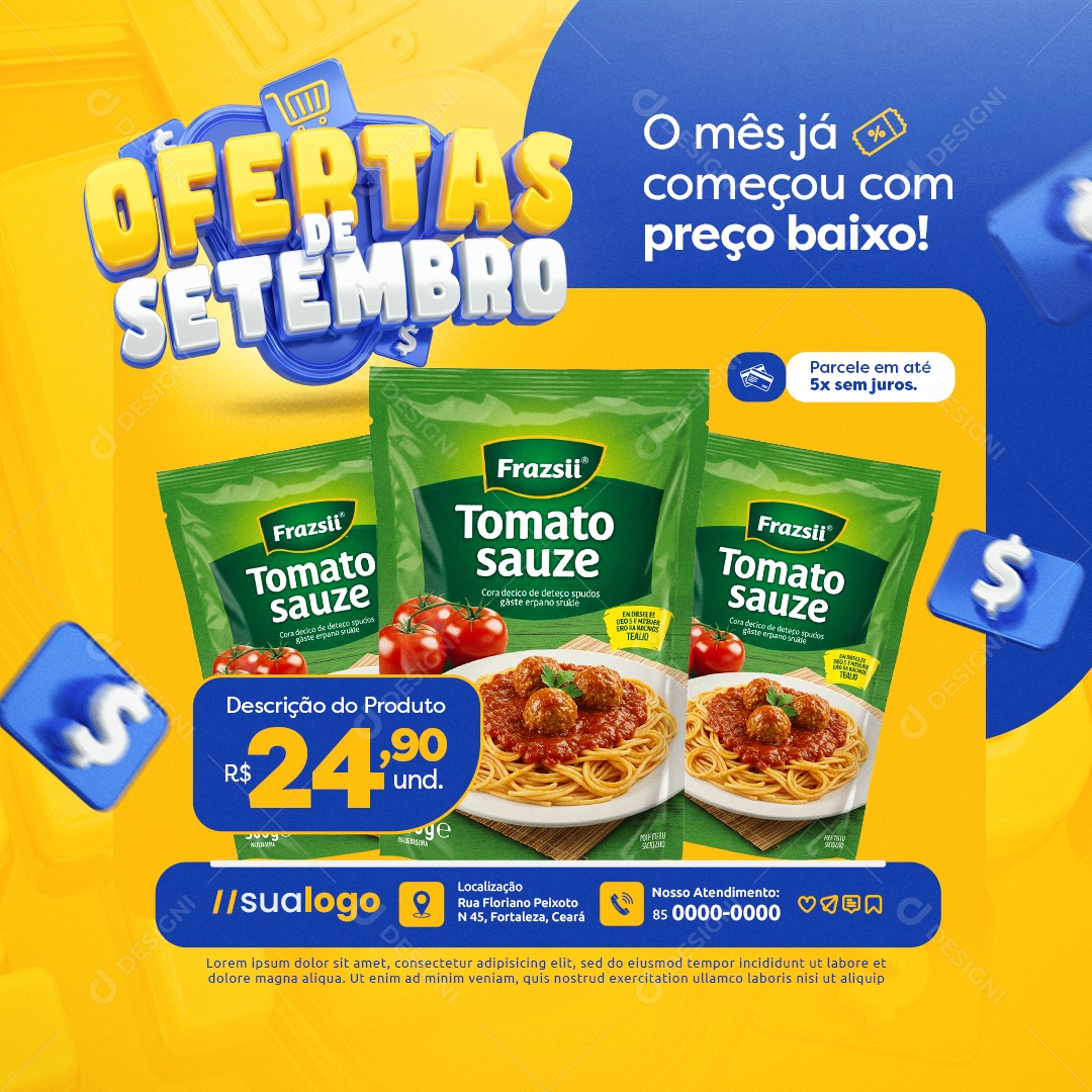 Ofertas de Setembro Supermercado Extrato de Tomate Preço Baixo Social Media PSD Editável