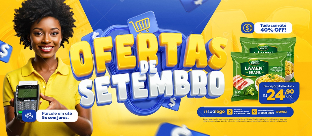 Banner Ofertas de Setembro Supermercado Tudo com Até 40% Off Social Media PSD Editável