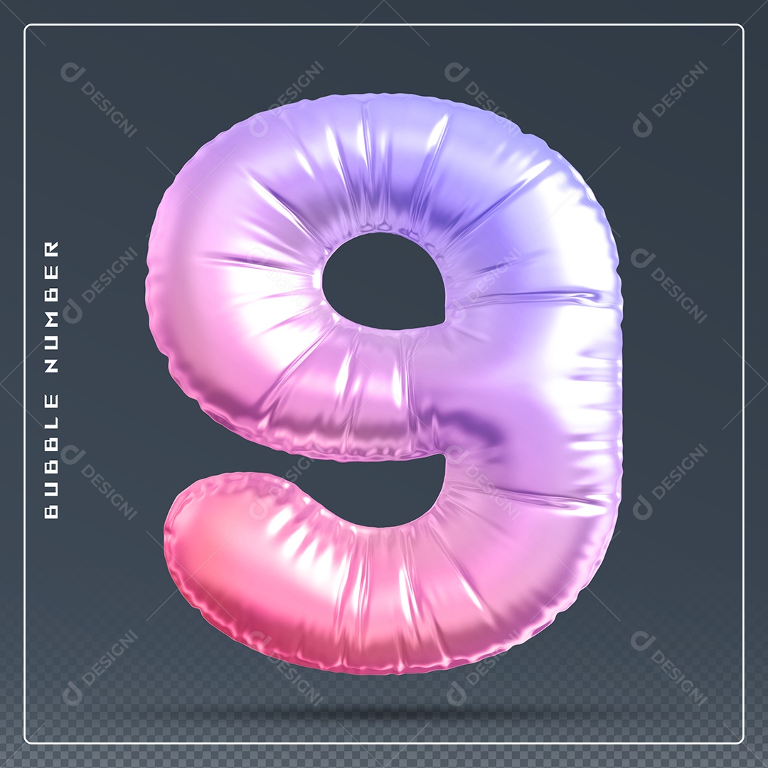 Elemento 3D Número 9 Colorido para Composição PSD