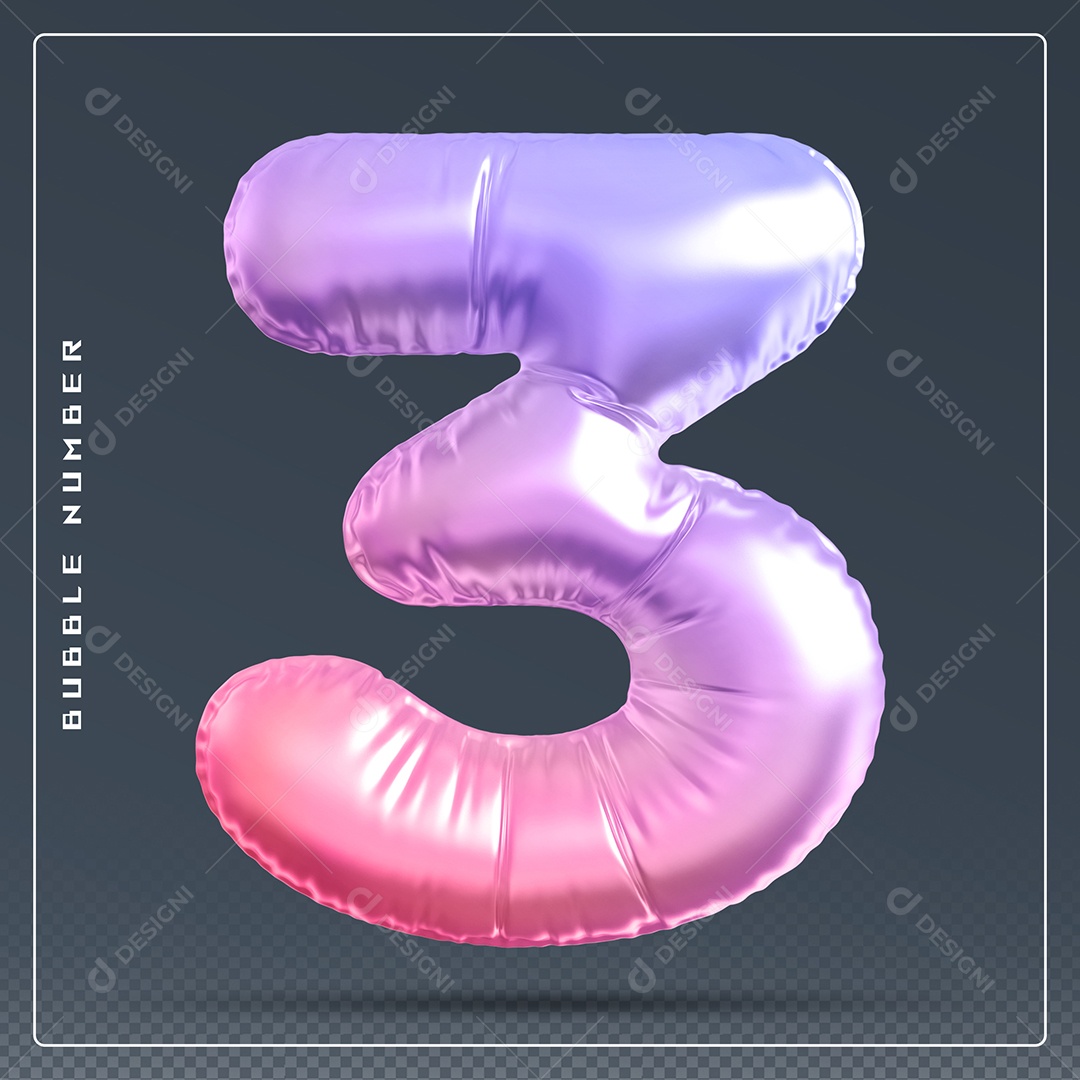 Elemento 3D Número 3 Colorido para Composição PSD