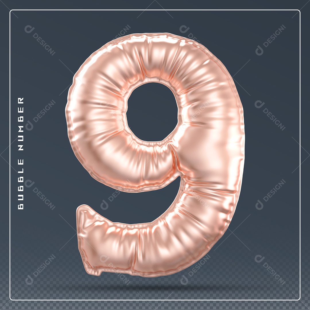 Elemento 3D Número 9 Dourado para Composição PSD