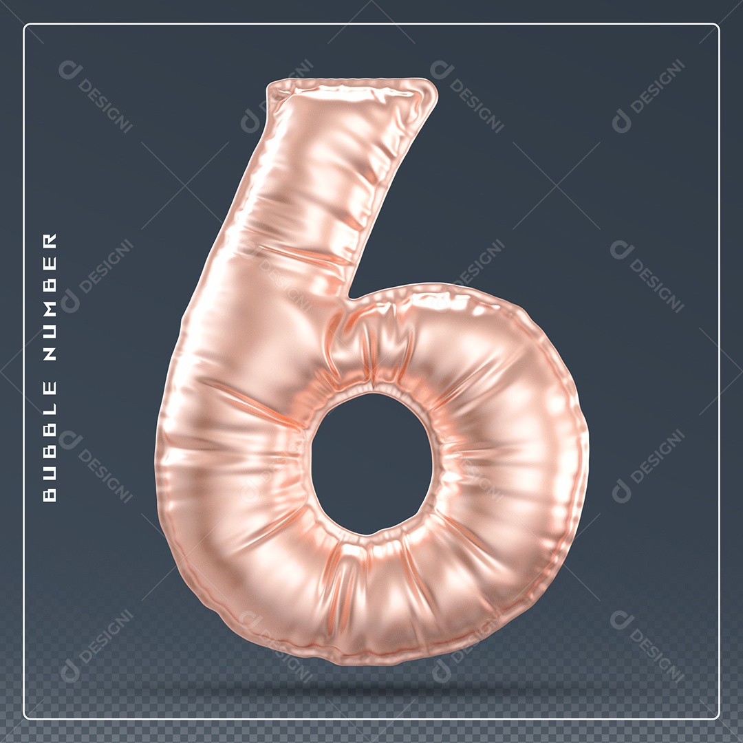 Elemento 3D Número 6 Dourado para Composição PSD