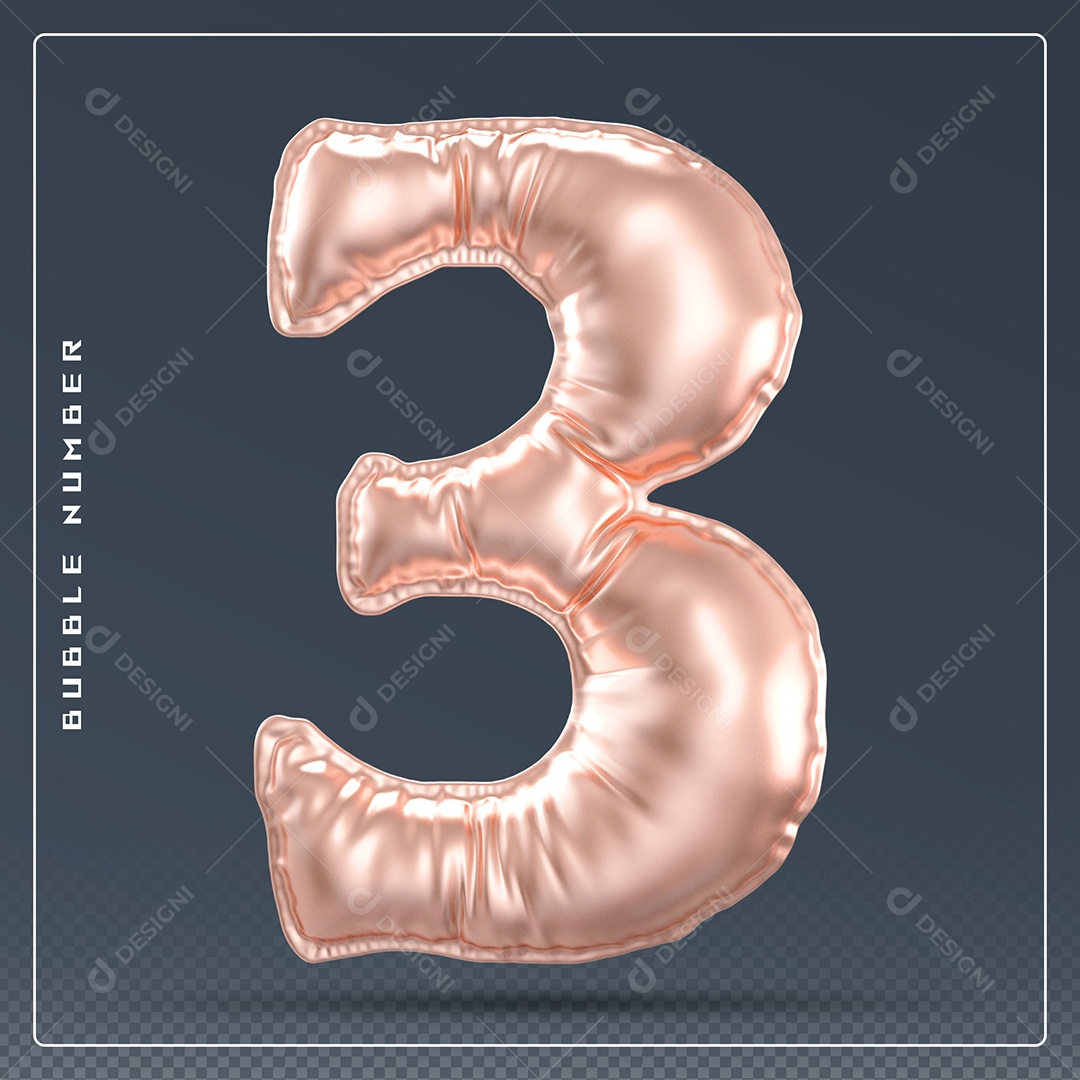 Elemento 3D Número 3 Dourado para Composição PSD