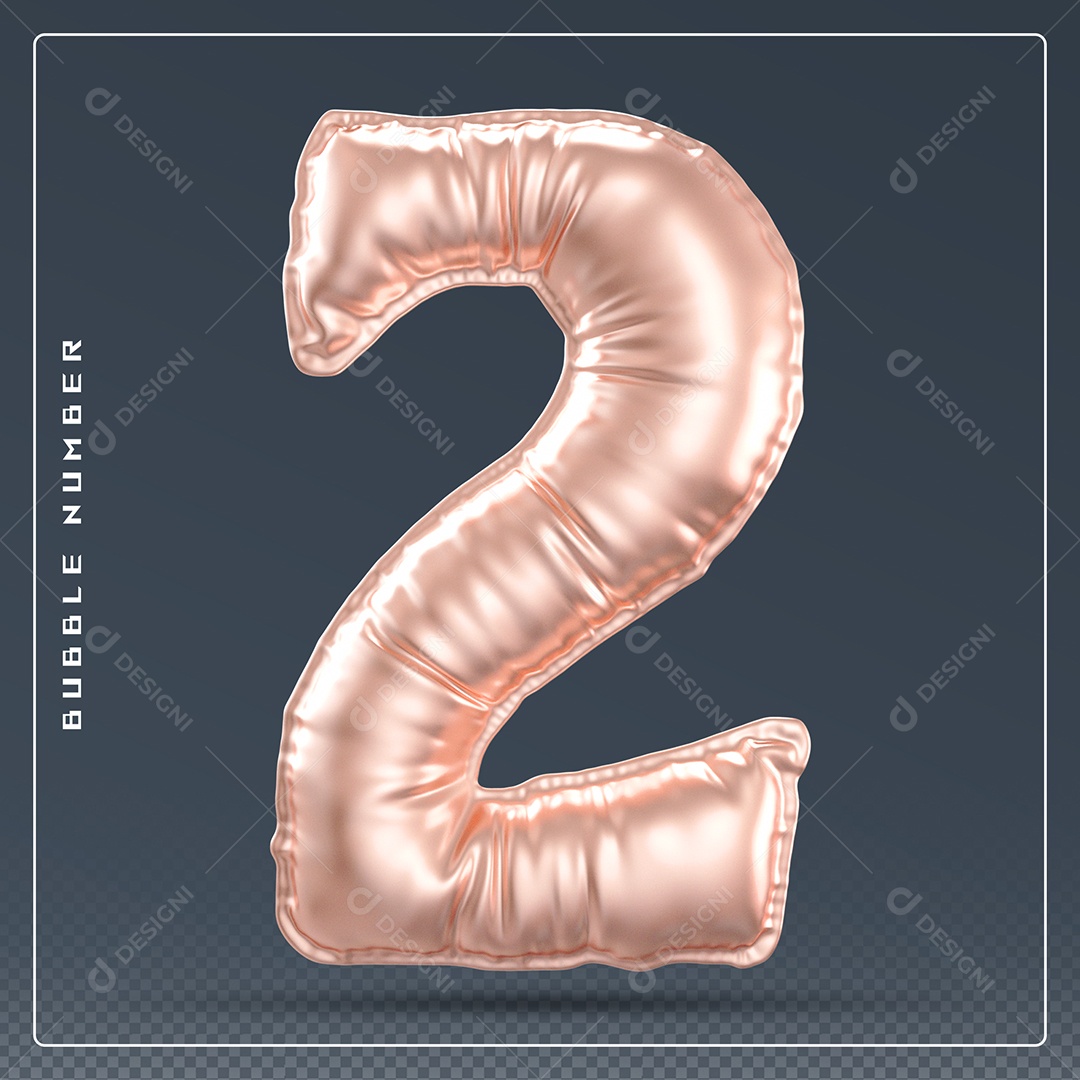Elemento 3D Número 2 Dourado para Composição PSD