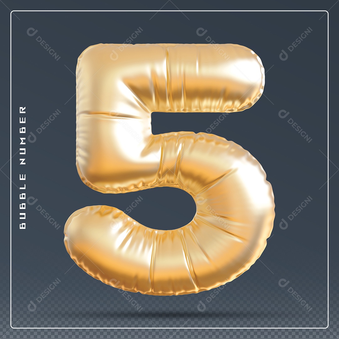 Elemento 3D Número 5 Dourado para Composição PSD