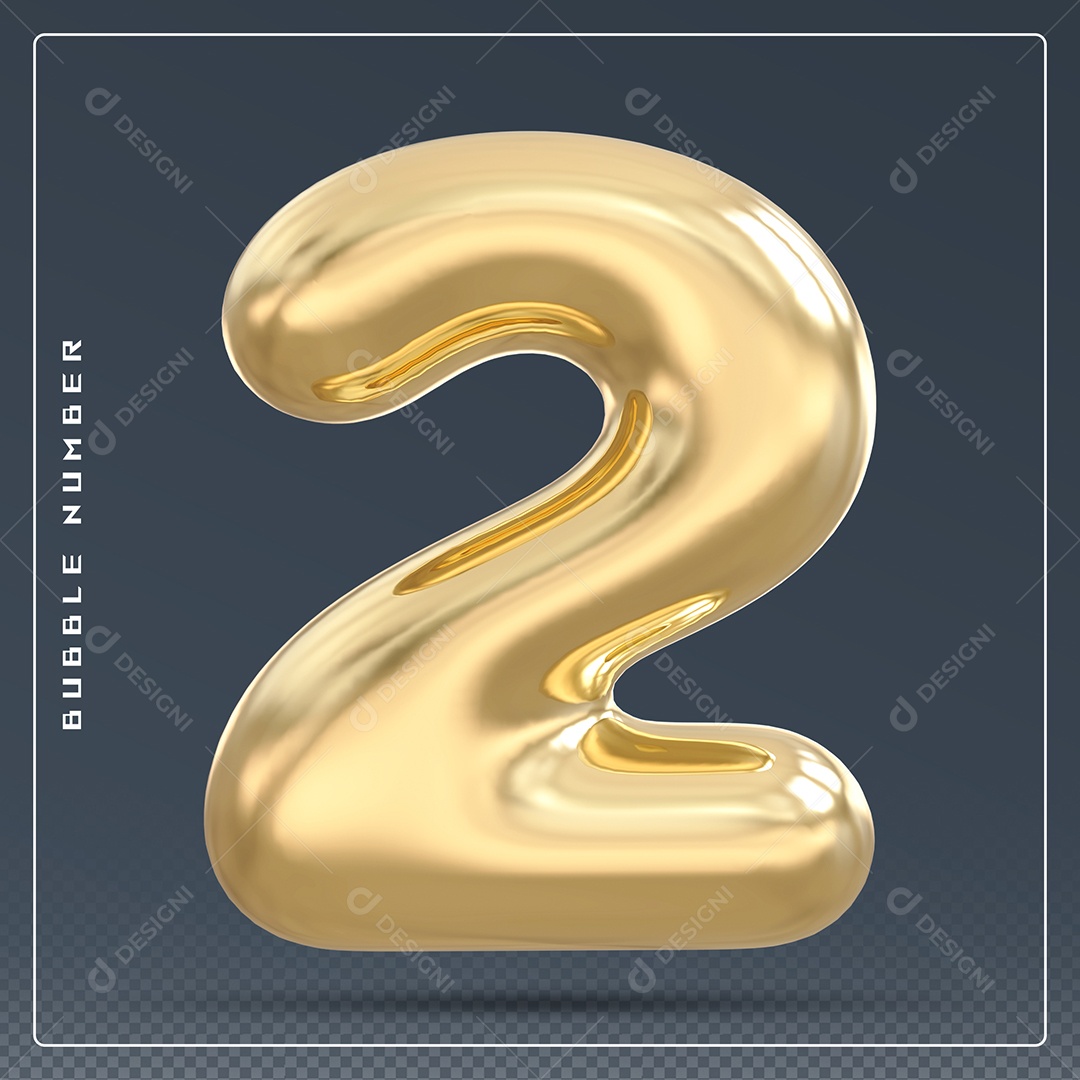 Elemento 3D Número 2 Dourado para Composição PSD