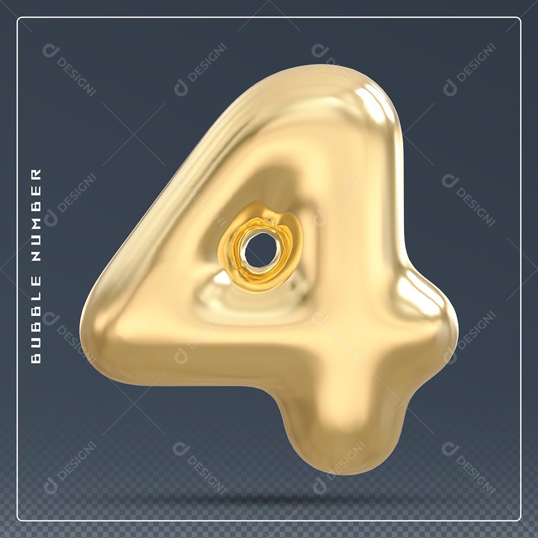 Elemento 3D Número 4 Dourado para Composição PSD