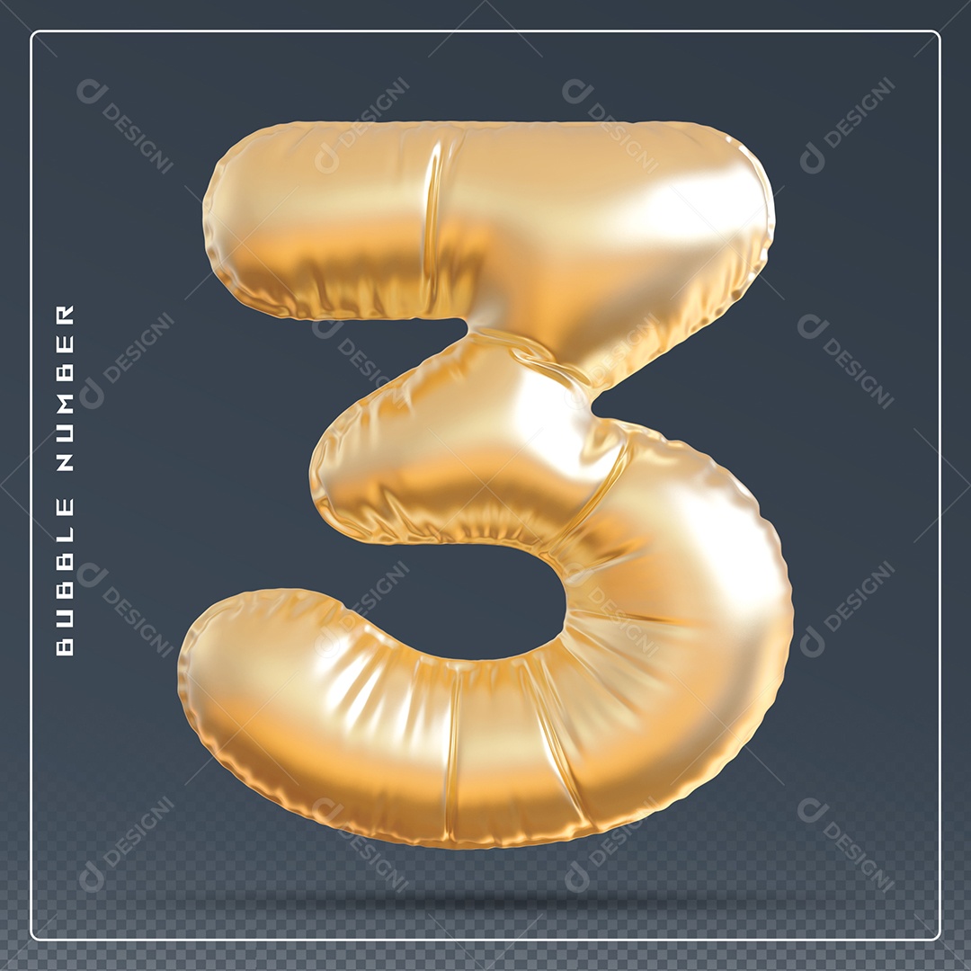 Elemento 3D Número 3 Dourado para Composição PSD