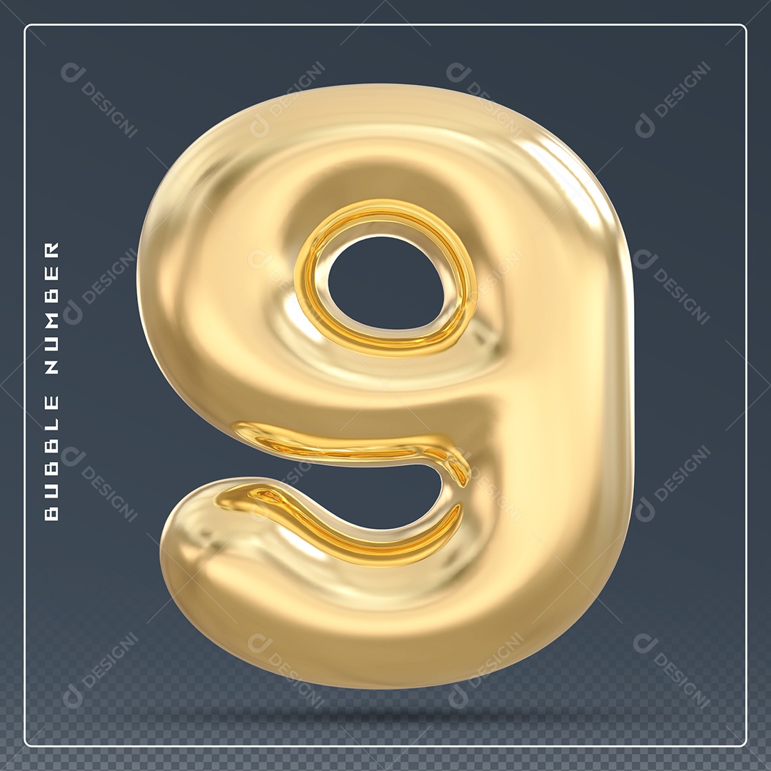 Elemento 3D Número 9 Dourado para Composição PSD