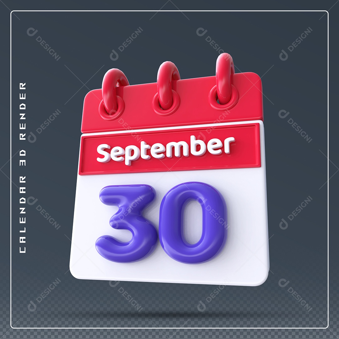 Calendário Do mês Setembro Dia 30 Elemento 3D Vermelho Azul e Branco Para Composição PSD
