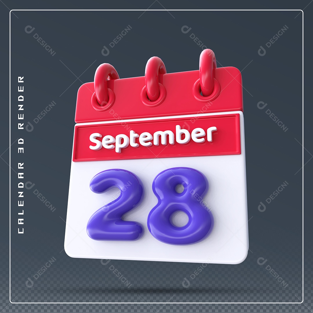 Calendário Do mês Setembro Dia 28 Elemento 3D Vermelho Azul e Branco Para Composição PSD