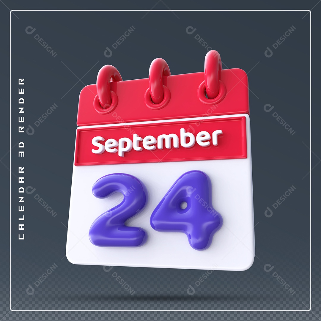 Calendário Do mês Setembro Dia 24 Elemento 3D Vermelho Azul e Branco Para Composição PSD