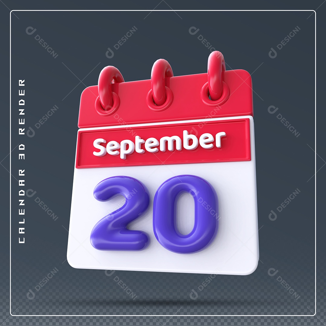Calendário Do mês Setembro Dia 20 Elemento 3D Vermelho Azul e Branco Para Composição PSD
