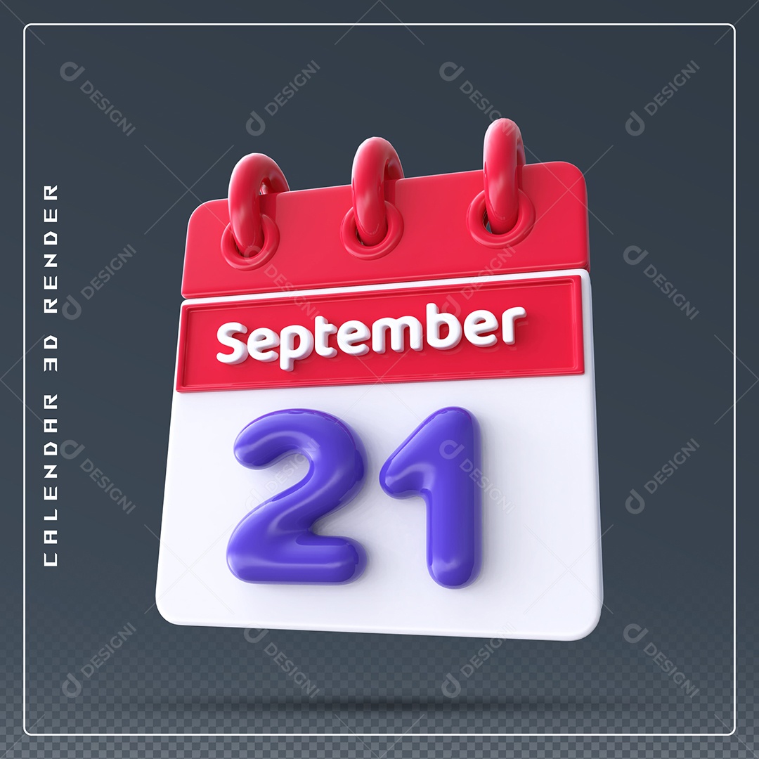 Calendário Do mês Setembro Dia 21 Elemento 3D Vermelho Azul e Branco Para Composição PSD