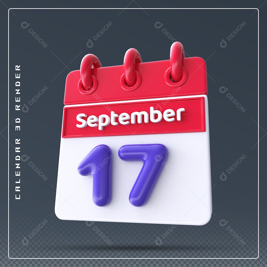 Calendário Do mês Setembro Dia 17 Elemento 3D Vermelho Azul e Branco Para Composição PSD