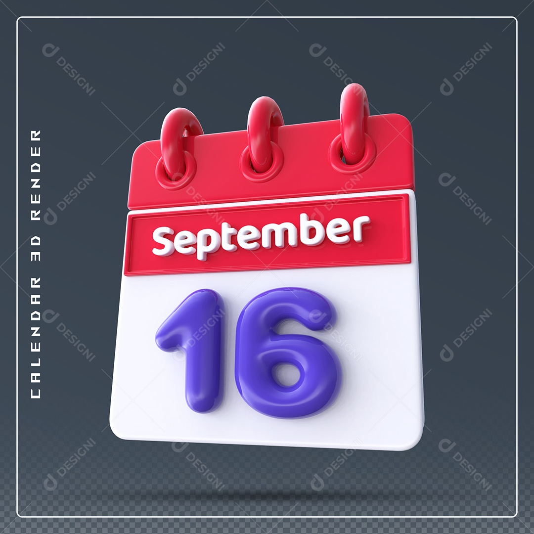 Calendário Do mês Setembro Dia 16 Elemento 3D Vermelho Azul e Branco Para Composição PSD