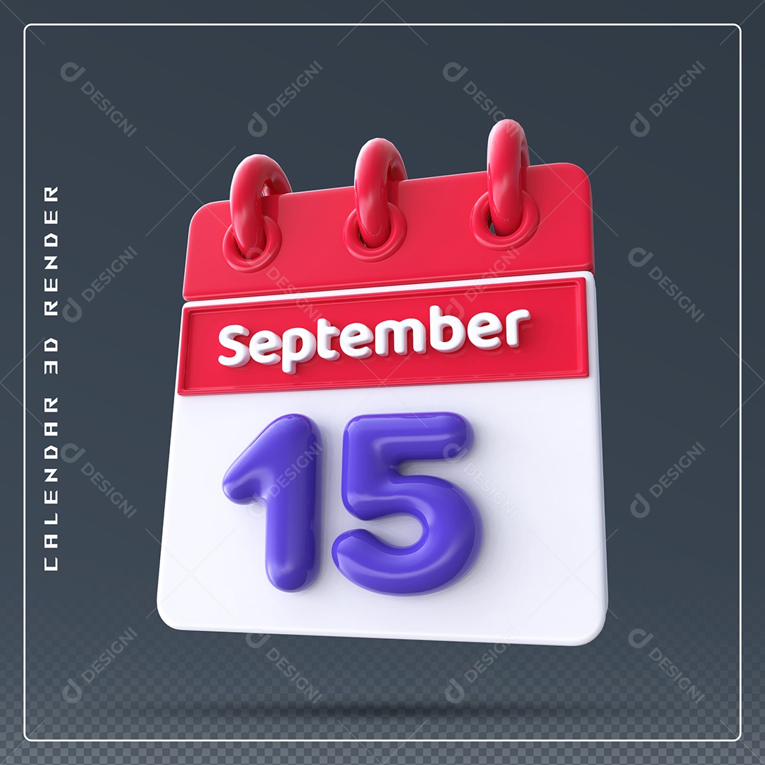 Calendário Do mês Setembro Dia 15 Elemento 3D Vermelho Azul e Branco Para Composição PSD