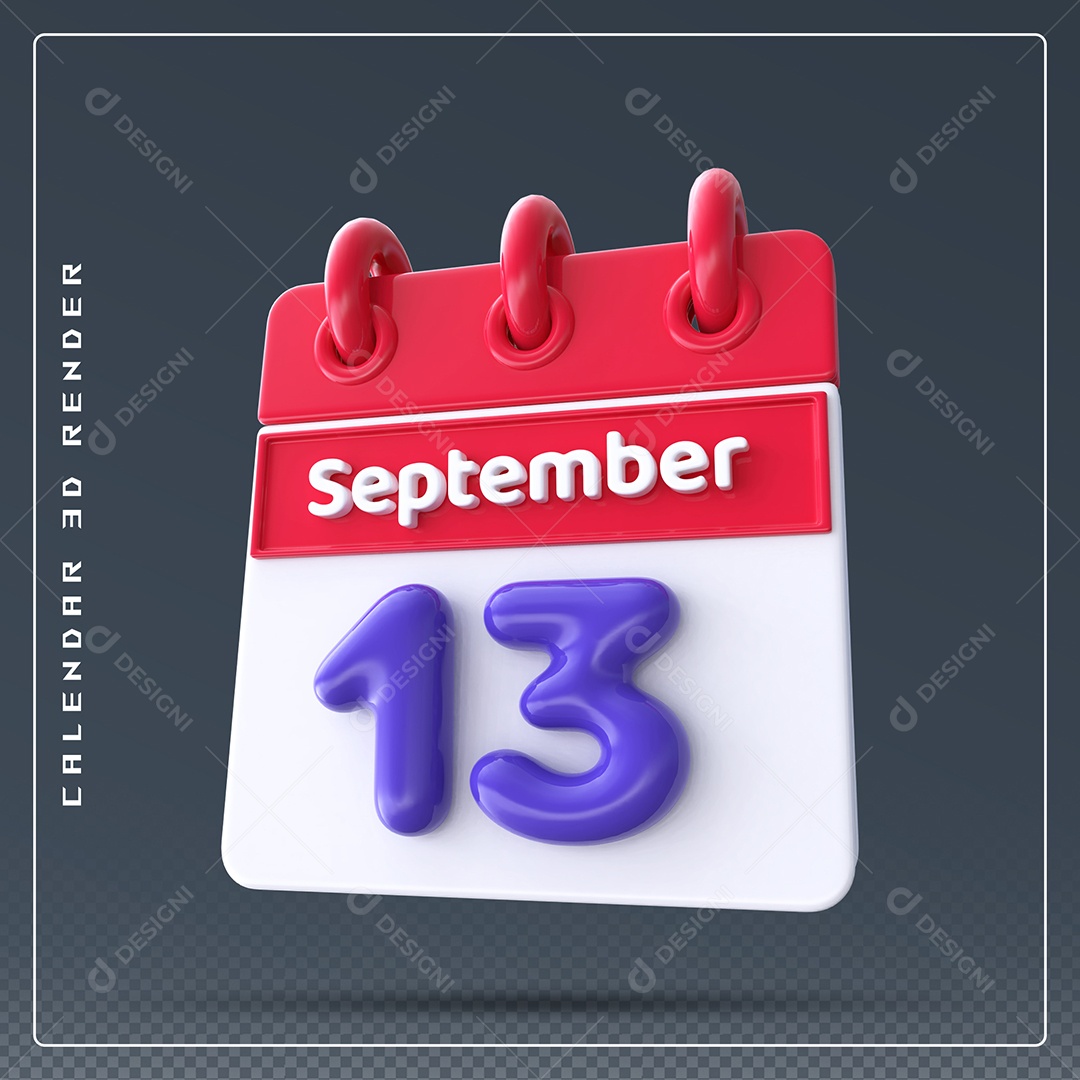Calendário Do mês Setembro Dia 13 ;Elemento 3D Vermelho Azul e Branco Para Composição PSD
