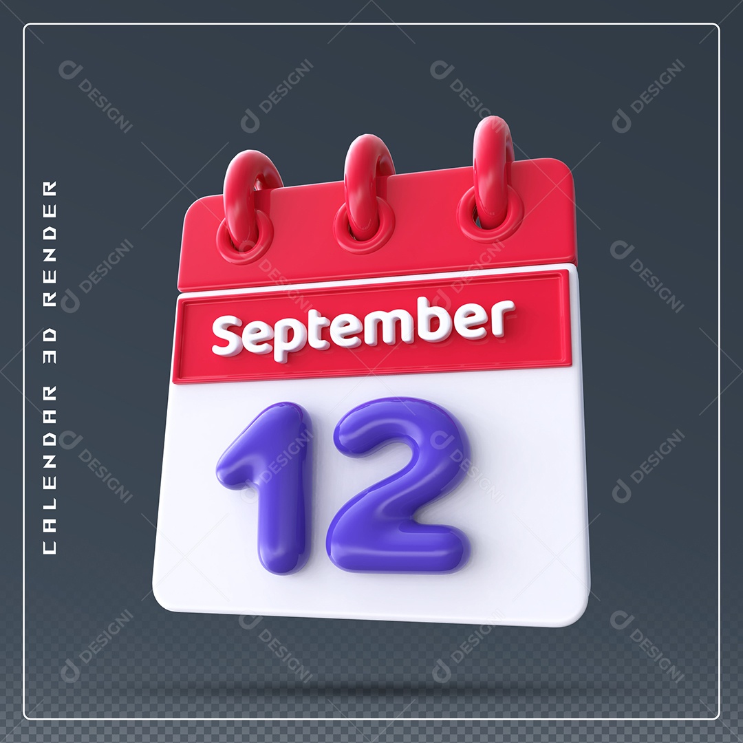 Calendário Do mês Setembro Dia 12 Elemento 3D Vermelho Azul e Branco Para Composição PSD