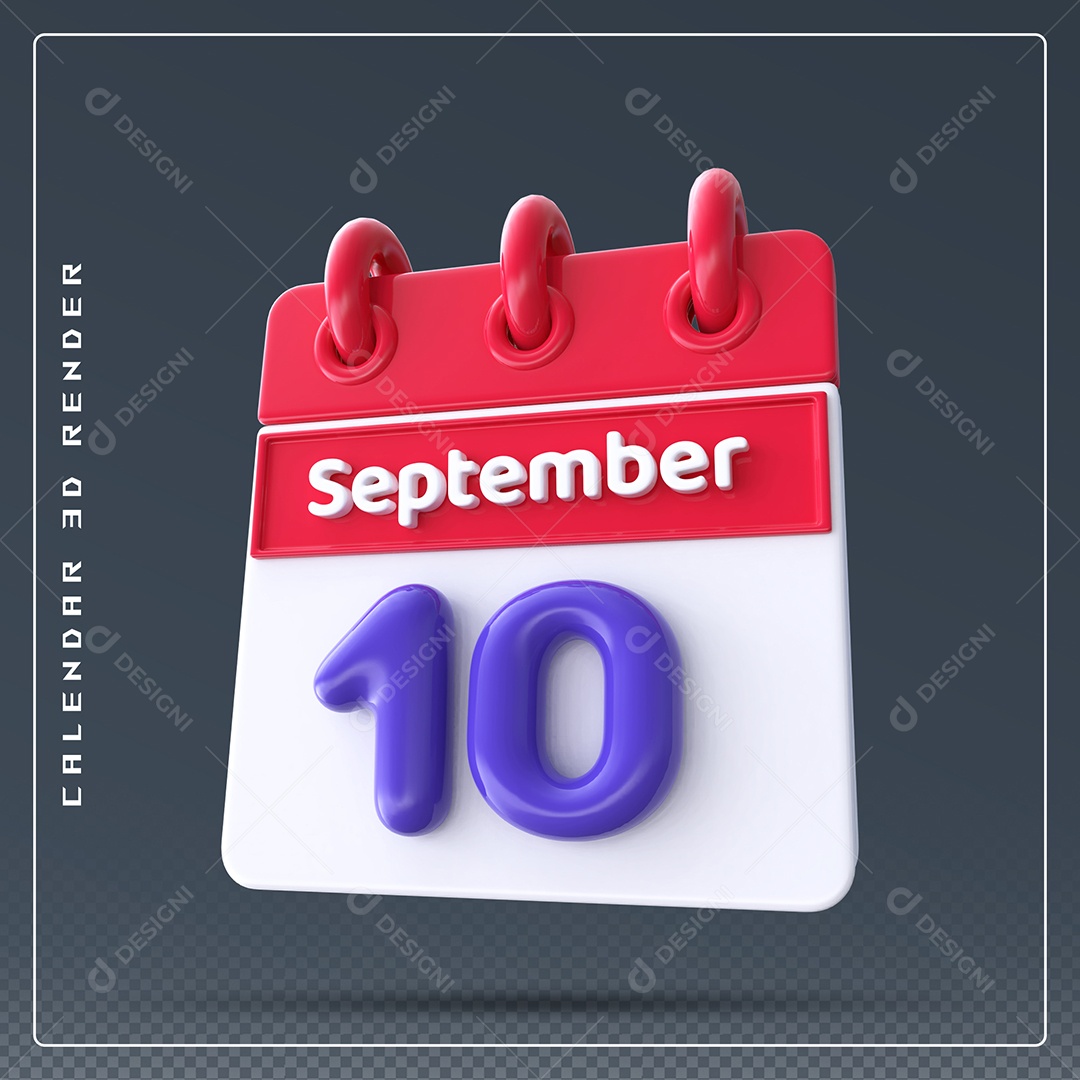 Calendário Do mês Setembro Dia 10 Elemento 3D Vermelho Azul e Branco Para Composição PSD