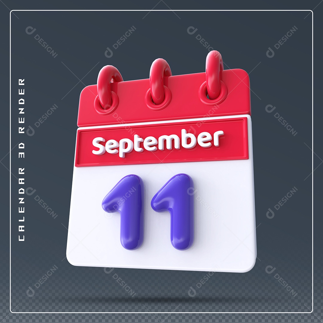 Calendário Do mês Setembro Dia 11 Elemento 3D Vermelho Azul e Branco Para Composição PSD