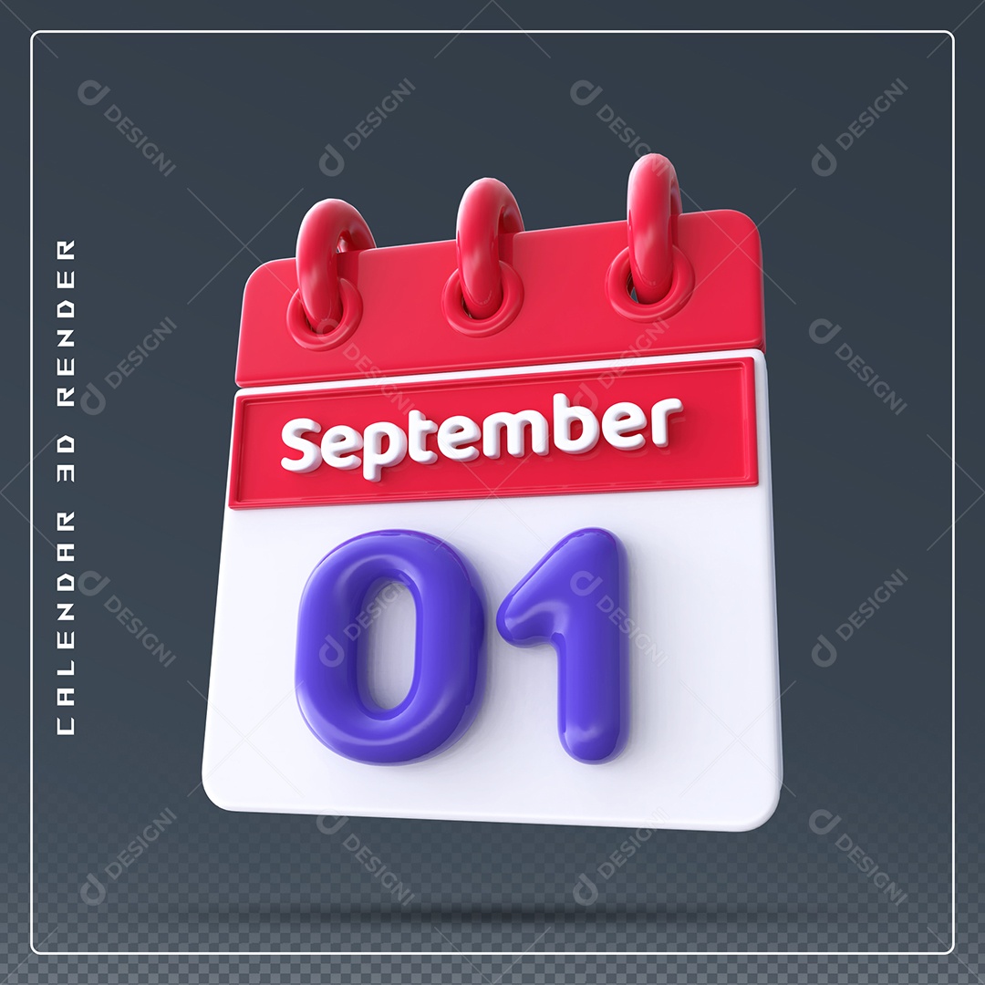 Calendário Do mês Setembro Dia 01 Elemento 3D Vermelho Azul e Branco Para Composição PSD