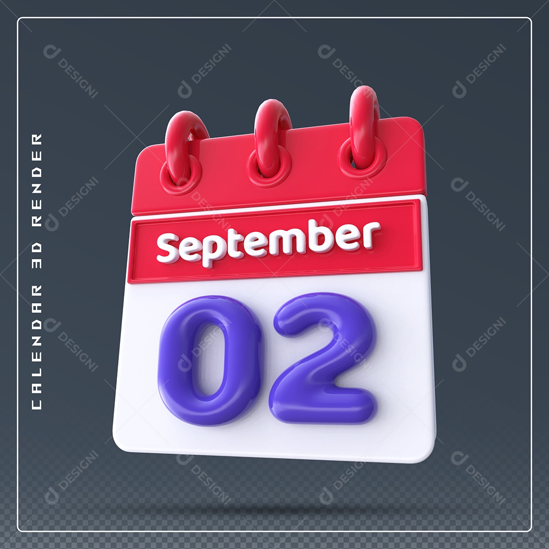Calendário Do mês Setembro Dia 02 Elemento 3D Vermelho Azul e Branco Para Composição PSD