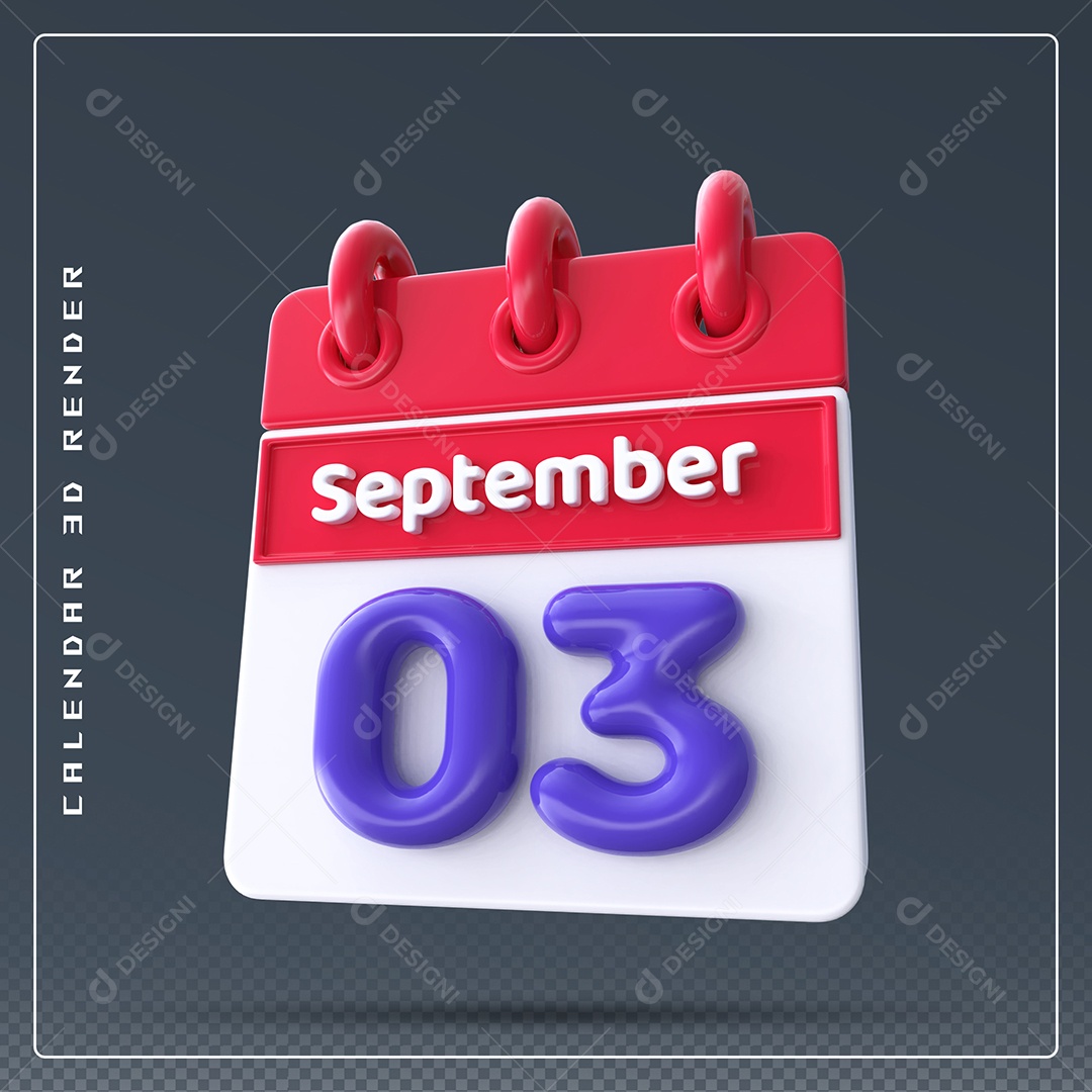 Calendário Do mês Setembro Dia 03 Elemento 3D Vermelho Azul e Branco Para Composição PSD