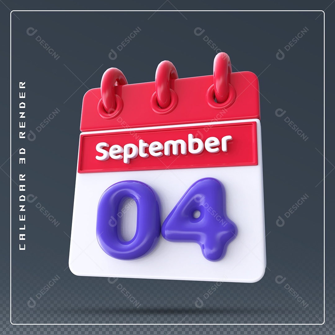 Calendário Do mês Setembro Dia 04 Elemento 3D Vermelho Azul e Branco Para Composição PSD