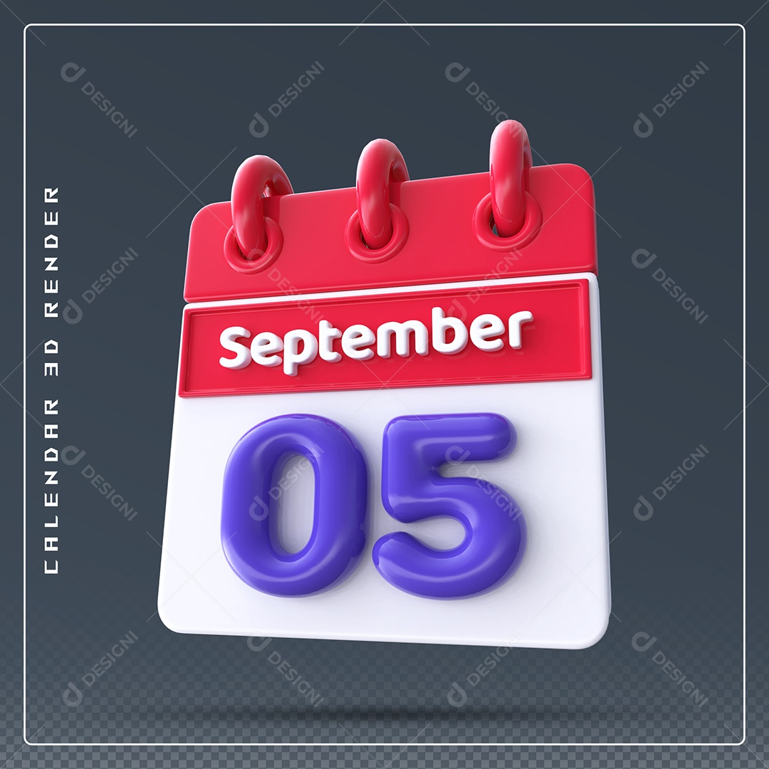 Calendário Do mês Setembro Dia 05 Elemento 3D Vermelho Azul e Branco Para Composição PSD