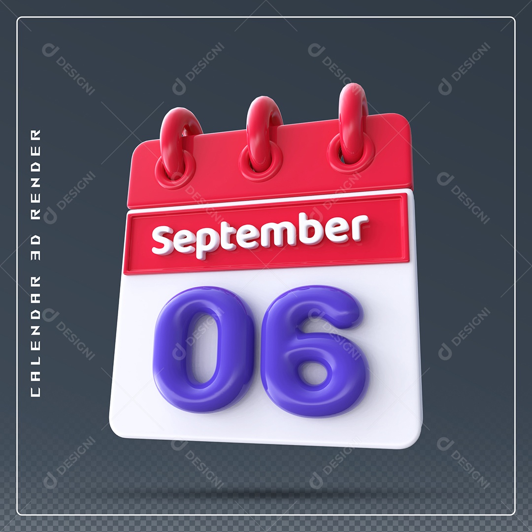 Calendário Do mês Setembro Dia 06 Elemento 3D Vermelho Azul e Branco Para Composição PSD