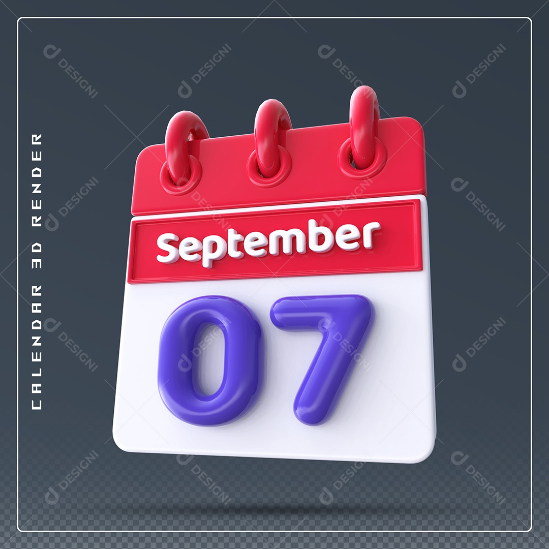 Calendário Do mês Setembro Dia 07 Elemento 3D Vermelho Azul e Branco Para Composição PSD