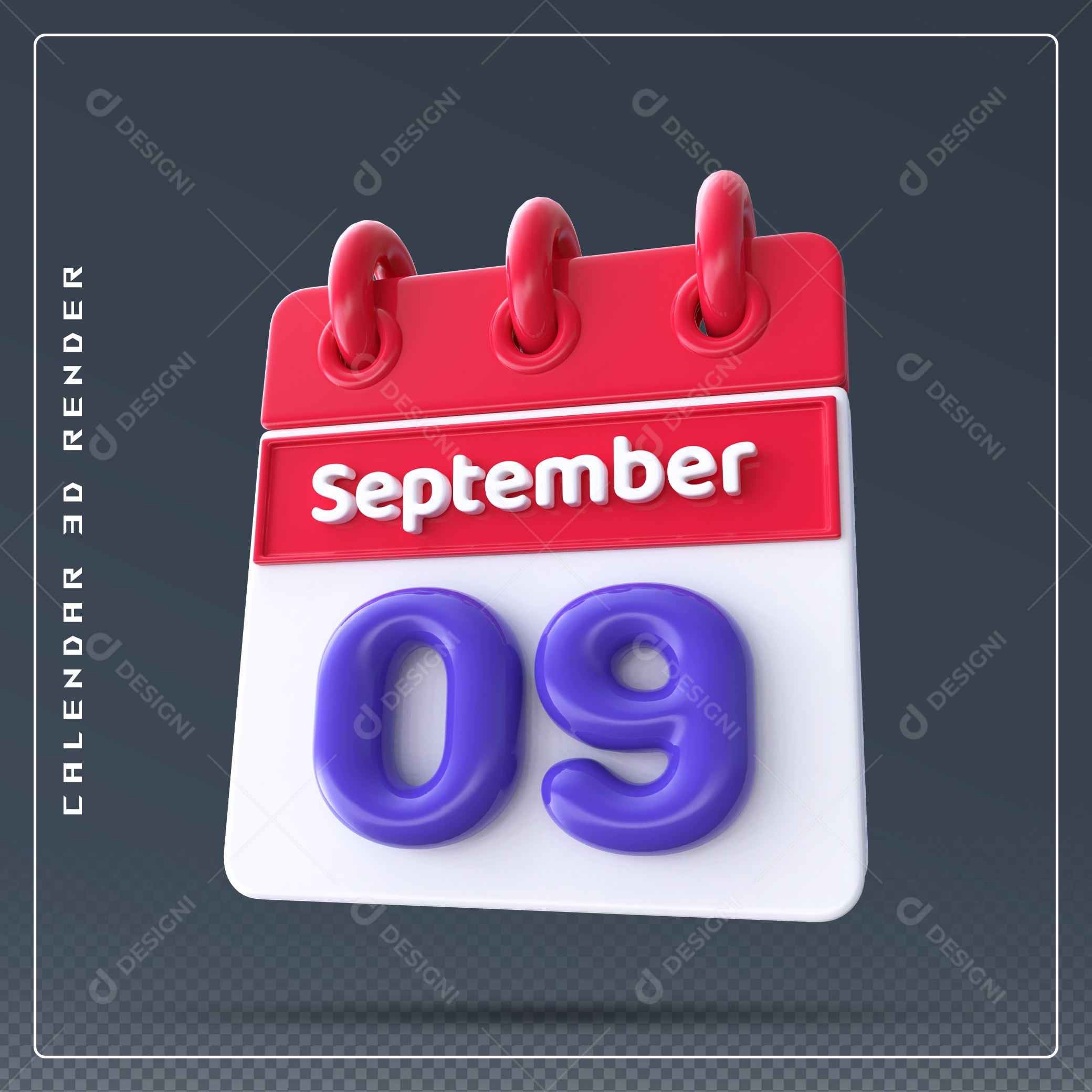 Calendário Do mês Setembro Dia 09 Elemento 3D Vermelho Azul e Branco Para Composição PSD
