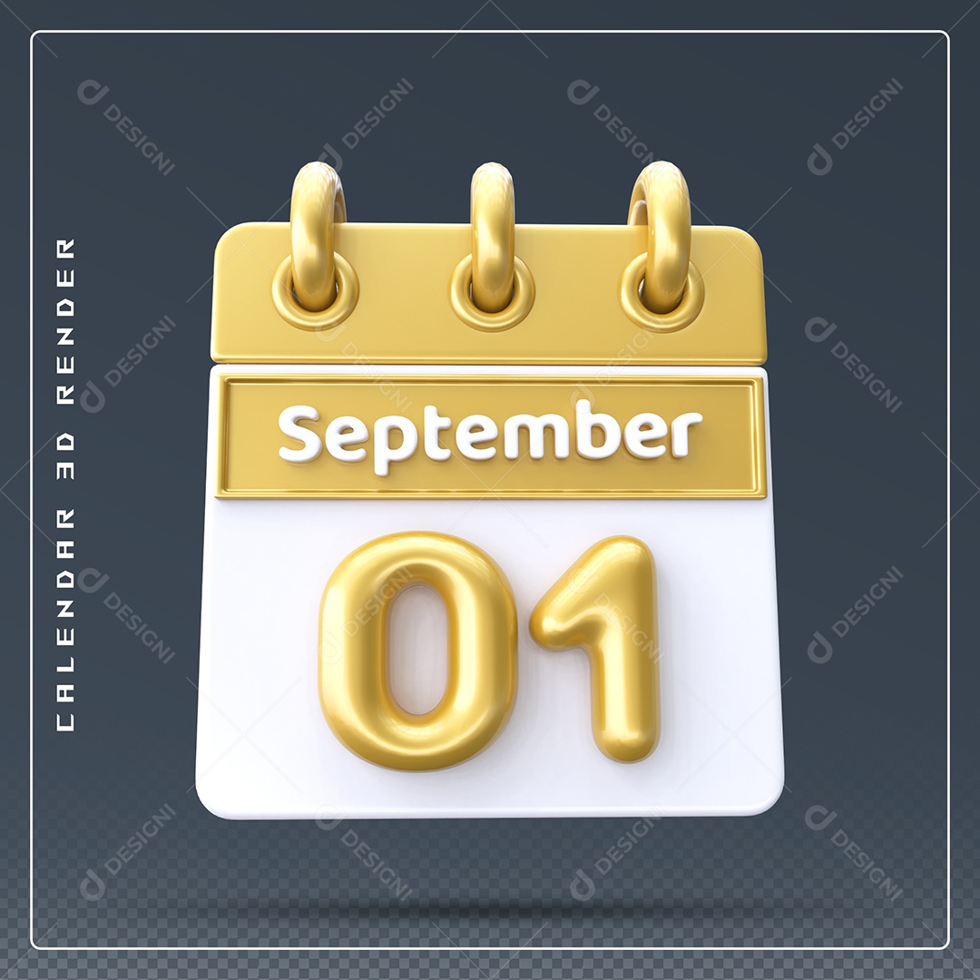 Calendário Do mês Setembro Dia 01 Elemento 3D Amarelo e Branco Para Composição PSD
