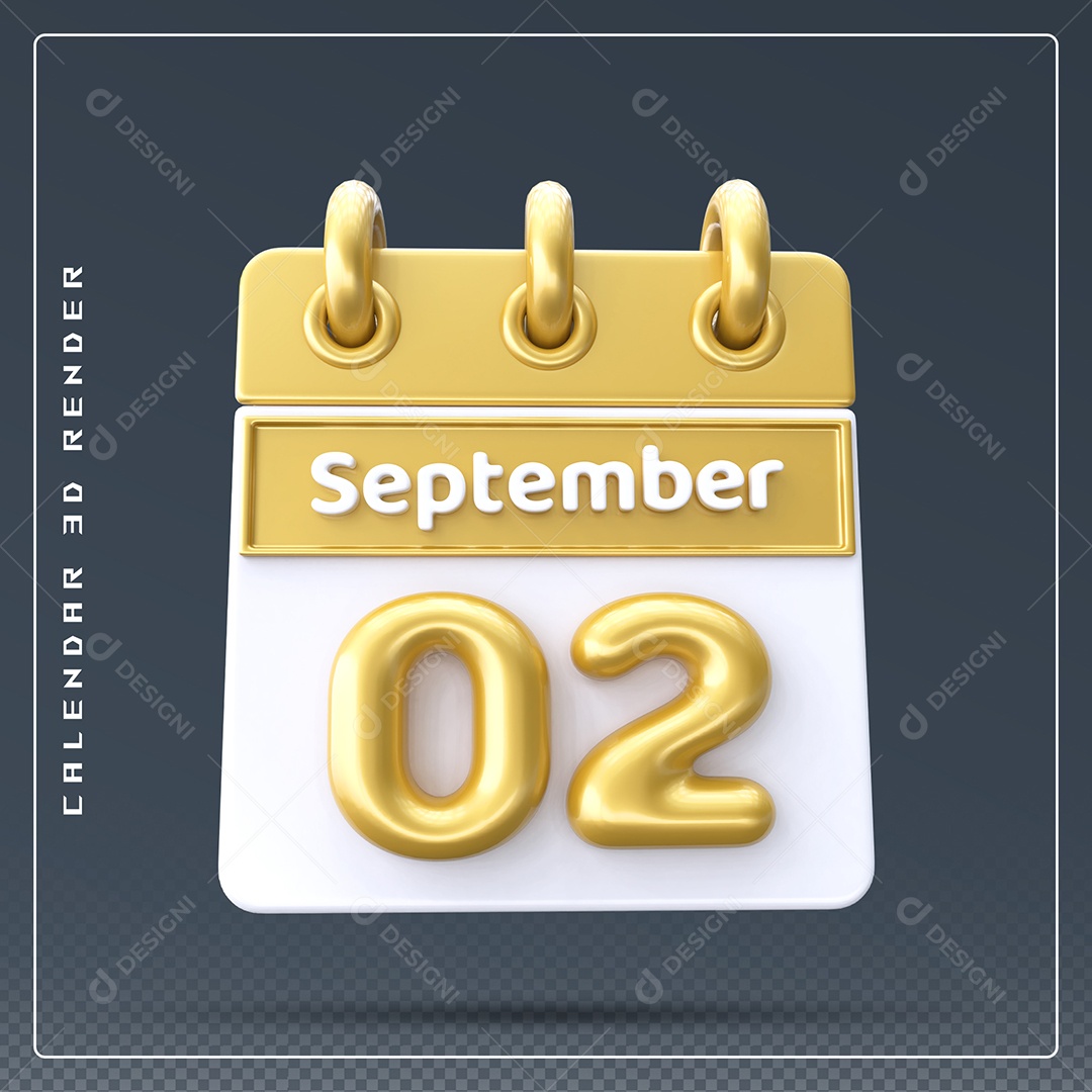Calendário Do mês Setembro Dia 02 Elemento 3D Amarelo e Branco Para Composição PSD
