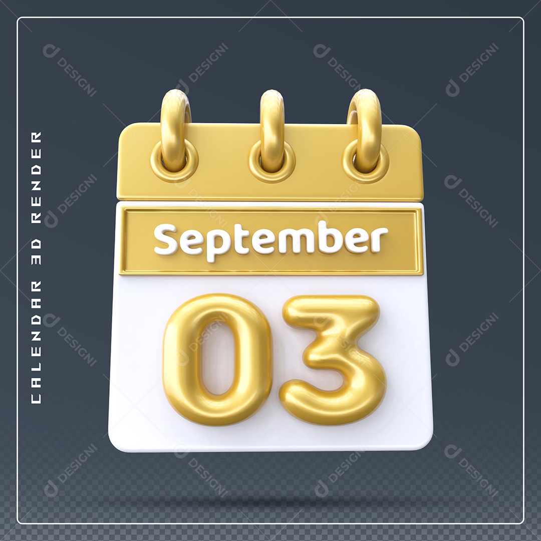 Calendário Do mês Setembro Dia 03 Elemento 3D Amarelo e Branco Para Composição PSD