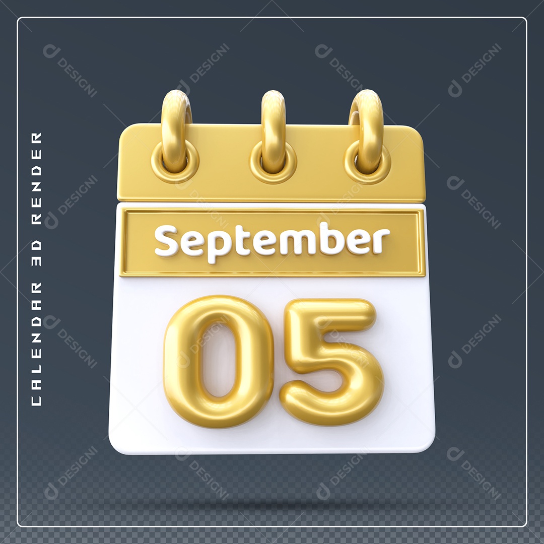 Calendário Do mês Setembro Dia 05 Elemento 3D Amarelo e Branco Para Composição PSD